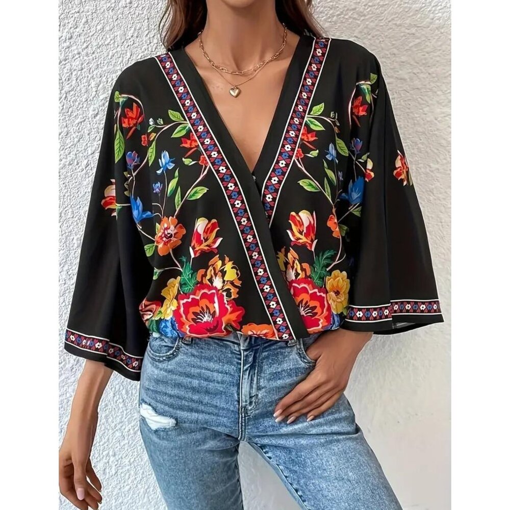 Flowy V-Neck Bohemian Floral Print Blouse